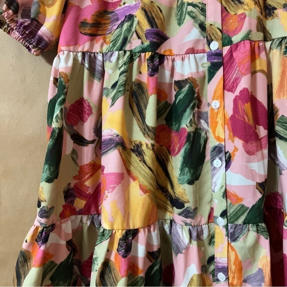 Abstract Watercolor Print Button Front Tiered Popover Mini Shirt Dress Size XS - Picture 9 of 13